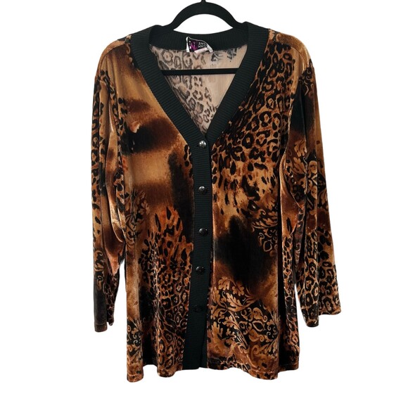 Maggie Sweet Vintage USA Made Animal Print Velvet Cardigan Size 1X Petite - Picture 1 of 4